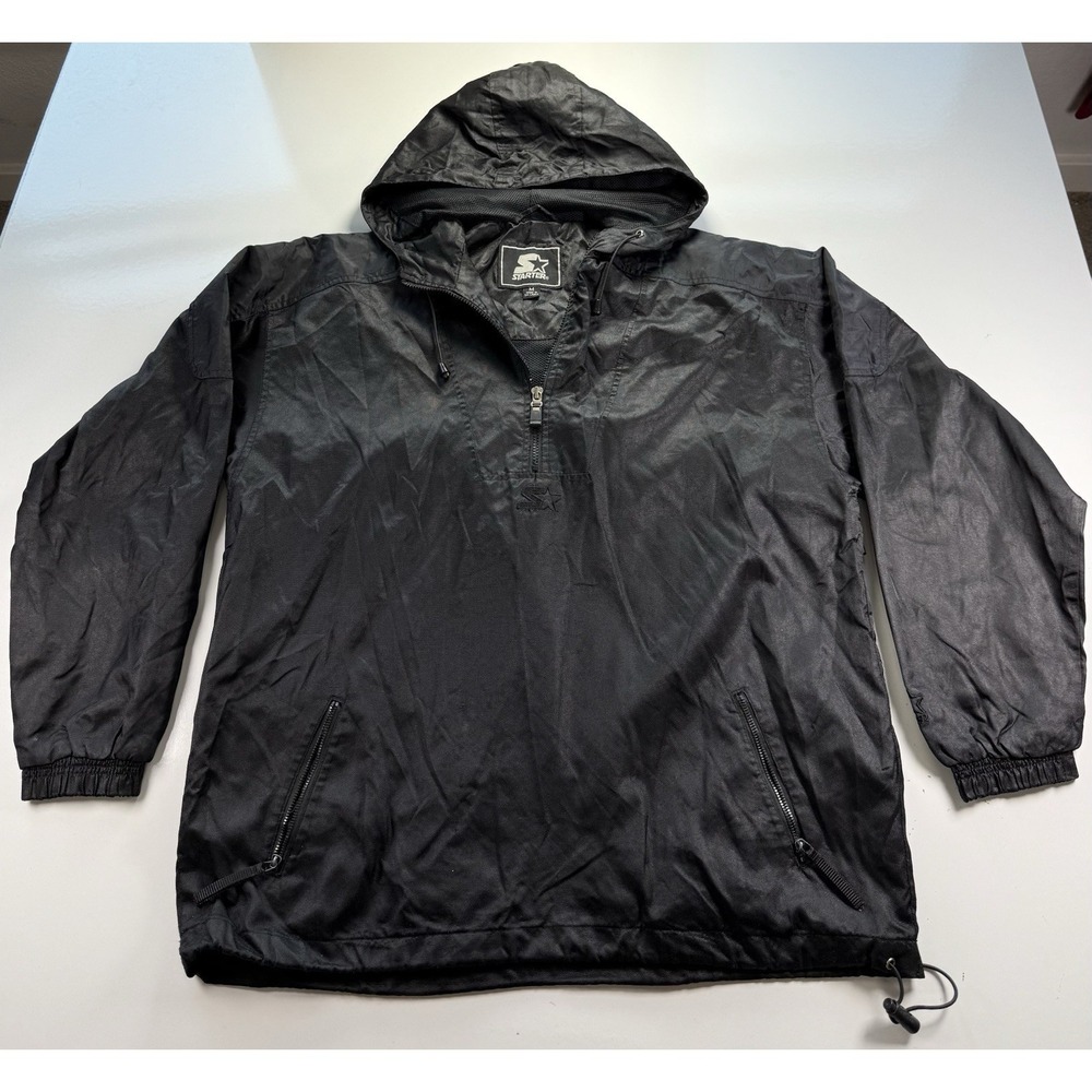 Vtg‎ 90s Starter Mens M Baggy Triple Black Hooded Pullover Windbreaker Jacket